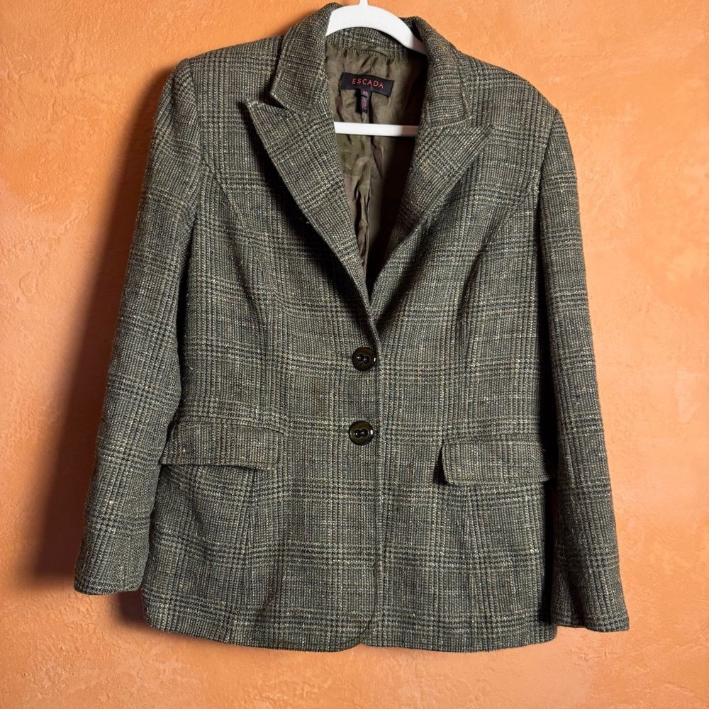 Escada Wool Silk Blend Blazer Olive Green Brown Metallic Thread EU 42